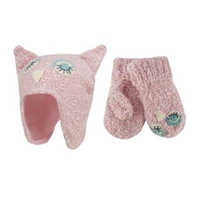 Mantaray Girls' pink knitted owl hat and mittens set